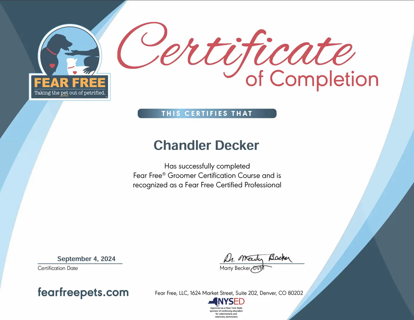 A white background and blue accented colored stripes on the edges, certificate of completion, presented to Chandler Decker for her completion of the Fear Free Groomer certification course.