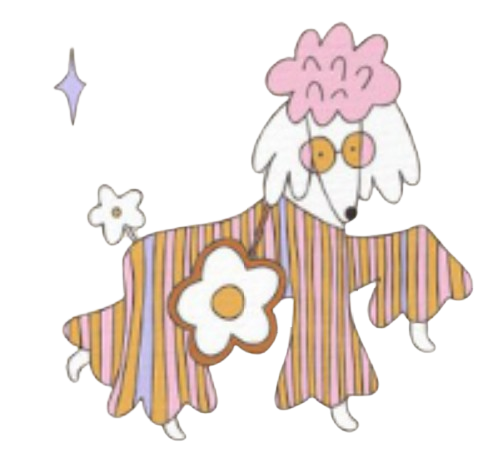 a white poodle wearing rose glasses and a stripped 70s themed outfit in a sticker art style