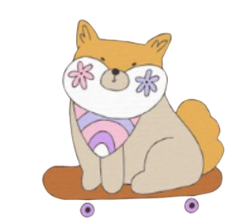 a blonde shiba inu wearing a stripped bandana and a 70s themed outfit while riding a skateboard in a sticker art style