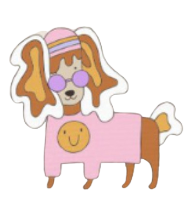 a brown spaniel wearing purple glasses and a smiley faced tee shirt in a sticker art style